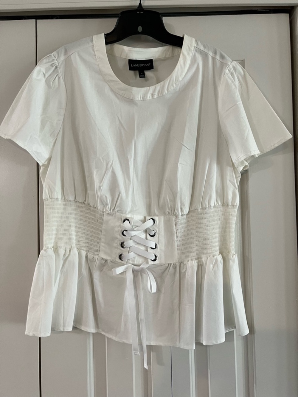 Lane Bryant White Lace-Up Peplum Top with Short Sleeves